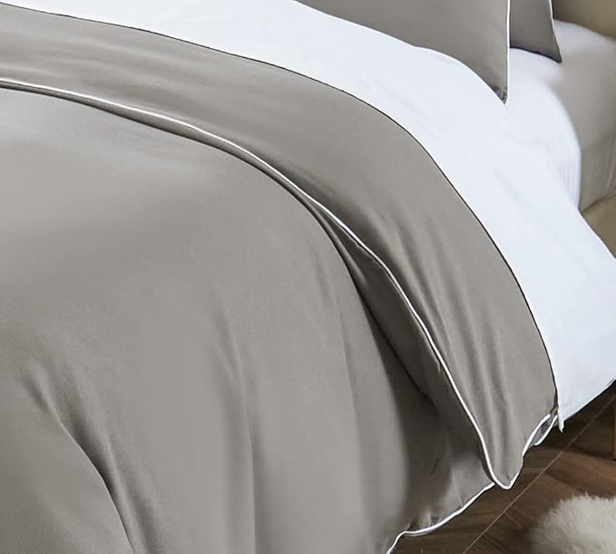 DAUAOTO Duvet Cover Twin/Twin XL Set, Gray Microfiber with Contrasted White Piping, 1 68"X86" Cover + 1 20"X26" Sham Simple Style Boys Bedding