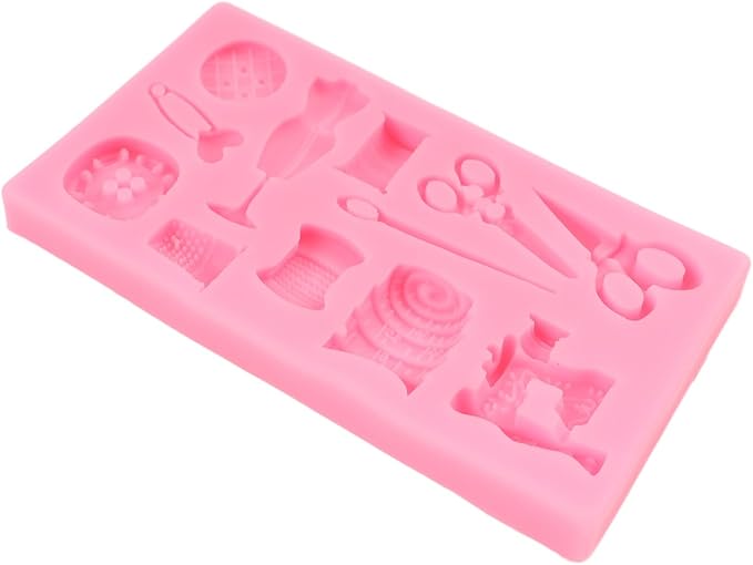 Sewing Tools Silicone Molds Scissors Button Sewing Designer Clothes Fondant Molds Sewing Machine Mold for Cake Decorating Cupcake Topper Chocolate Candy Gum Paste Polymer Clay