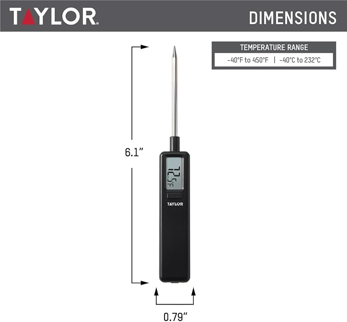 Taylor Mighty Mini Digital Meat Thermometer, Instant Read Food Thermometer for Cooking & Grilling, -40°F to 450°F Range, Compact Pocket Size with On/Off Switch, Black