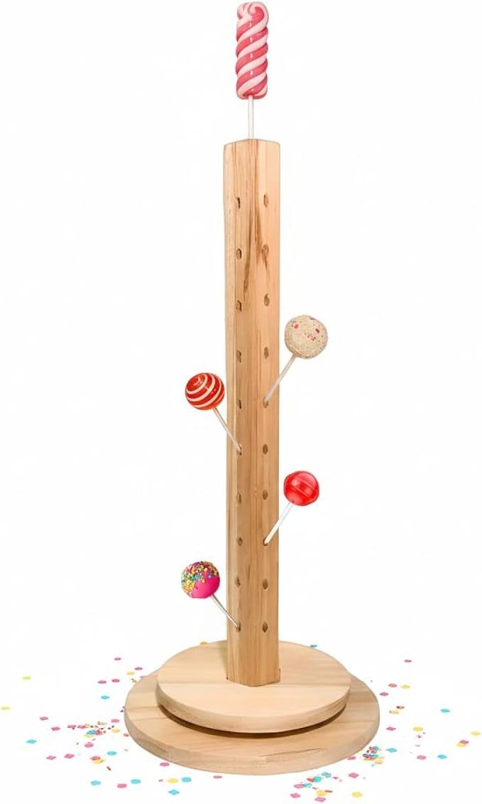 Wooden Lollipop Storage Rack, 36-Hole Rotating Cake Pop Stand, Light Brown Dessert Display Holder with Round Base for Party Favors, 14.37 in Height