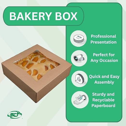SCT Kraft Window Bakery Pack (24 Pack) 10x10x2.5, Auto Pop-Up Containers for Pies, 10 inch Brown Bakery Pack, Cookie Box with Window, 24233K-24