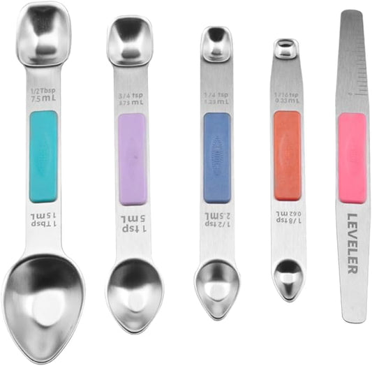 Stainless Steel Magnetic Measuring Spoons Set, Heavy Duty Metal Kitchen Gadgets for Baking & Cooking, Fits in Most Kitchen Spice Jars, Set of 4 with Leveler (Multicolor)