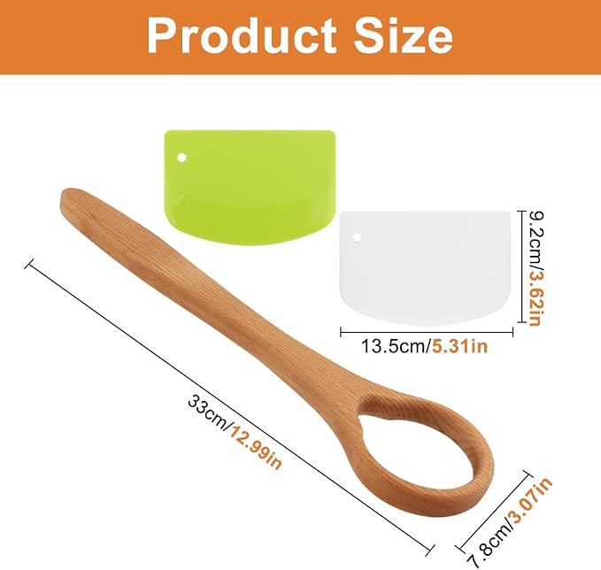 13-Inch Wooden Danish Dough Whisk with 2Pcs Scraper Set, Long Handle for Easy Mixing and Cleaning, Bread Whisking Tool for Baking Sourdough Bread, Pizza, Pastry and Cake Batters