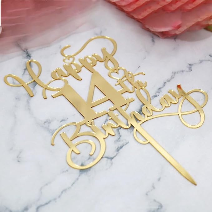 Happy 14th Birthday Cake Topper，Mirrored Gold Acrylic Birthday | for Cheers to 14 Years Birthday/Anniversary Party Decoration Ideas, Perfect Keepsake for your family and friends(14th)