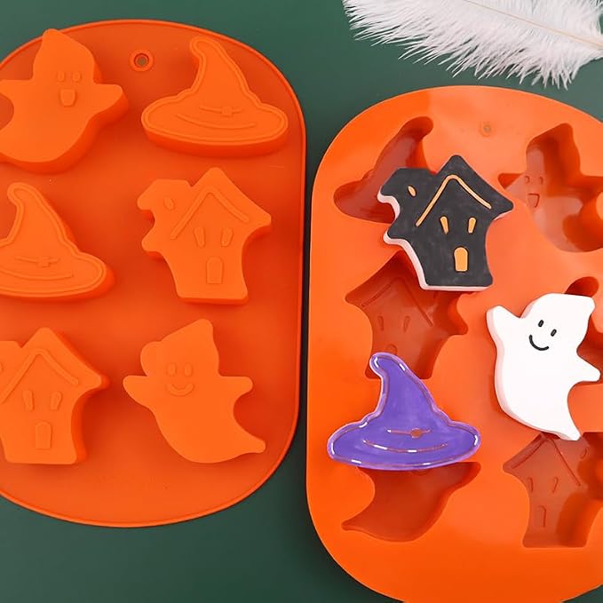 6 Cavities Silicone Cookies Biscuit Mold, Christmas Halloween Candy Mold, Reusable DIY Baking Mold Jelly Chocolate Mold, Ice Cube Tray Wax Melt Molds(Set of 2 Orange Ghost)