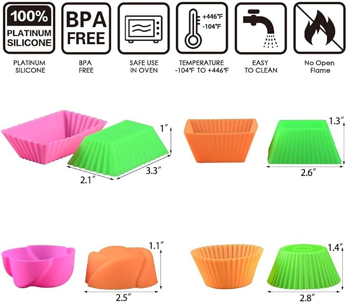 Silicone Baking Cups Cupcake Liners - 24 Pcs Reusable Silicone Molds Including Round, Rectanguar, Square, Flower Food Grade Silicone