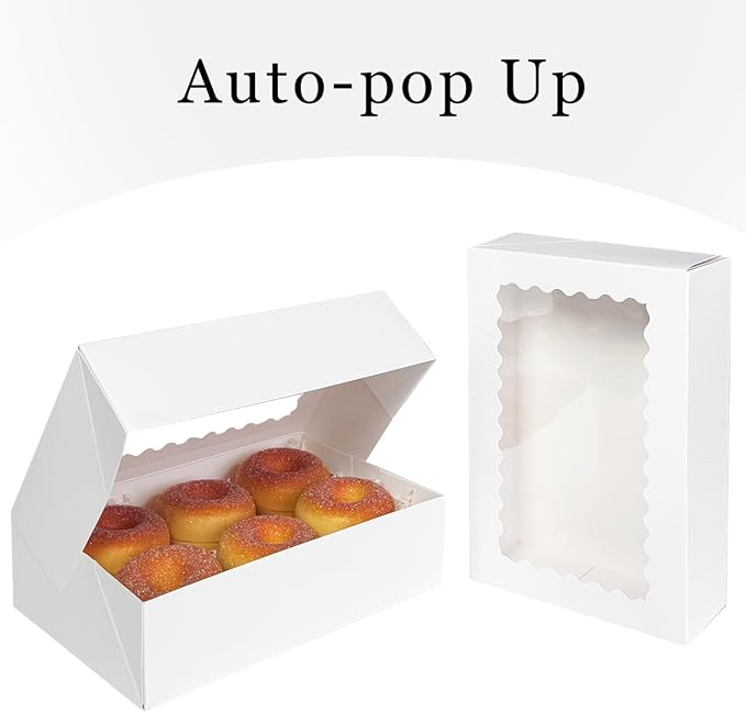 qiqee Auto-pop up Cookie Box with Window 9x6x2.5 Inch White 50Pcs Pastry Macaron Bakery Pie Box For Packaging