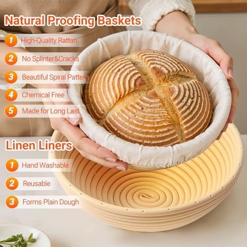 Banneton Bread Proofing Basket, 9” Round Basket Set of 2, Sourdough Proofing Basket with Liners and Cover, Baking Supplies for Home or Professional Bakers