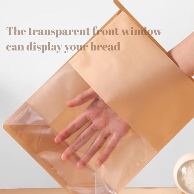 PAICUIKE Bread Bags Large Bakery Bag with Window Packaging Bags Tin Tie Tab Lock 50 Pack, for Homemade Sourdough Bread, 8.7x4.3x11 Inches, Kraft Paper, for Gifting, Bake Sale