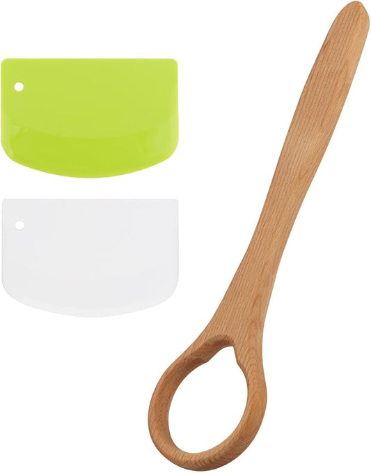 13-Inch Wooden Danish Dough Whisk with 2Pcs Scraper Set, Long Handle for Easy Mixing and Cleaning, Bread Whisking Tool for Baking Sourdough Bread, Pizza, Pastry and Cake Batters