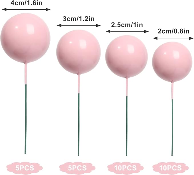 30 PCS Balls Cake Topper DIY Cake Insert Toppers Ball Cake Picks Cupcake Topper for Birthday Party Baby Shower Wedding Cake Decoration（Pink）