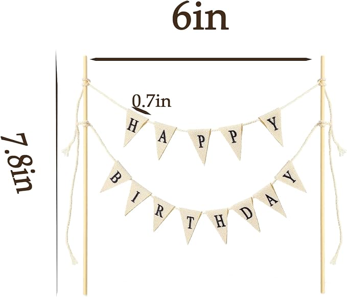 Ivory Happy Birthday Cake Banner Topper - Handmade Pennant Flags Garland with Natural Wood Pole, Party Decor for Cakes Decorations Supplies