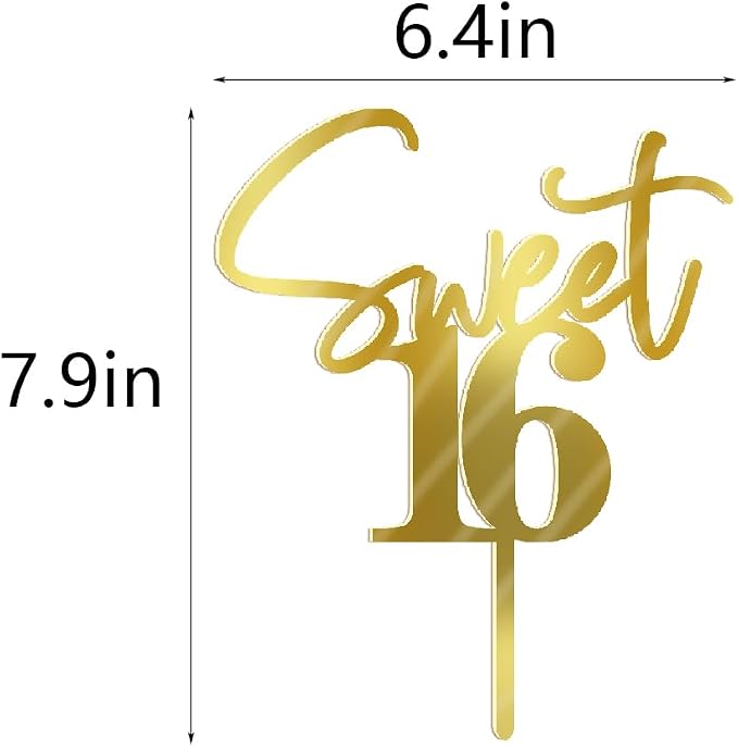 Sweet 16 Cake Toppers Mirror acrylic gold | Happy Sweet Sixteen Birthday Party Cake Decor for Cheers to 16 Years Anniversary Party Decorations Supplies