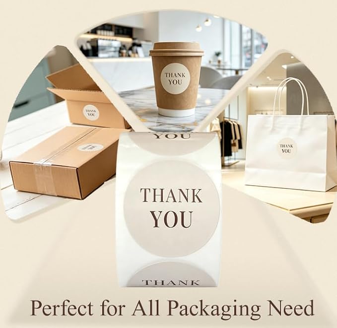 500PCS Thank You Stickers Roll, 1.5 Inch Round Self-Adhesive Labels for Small Business Packaging, Wedding Favors, Gift Boxes & Envelopes, Beige