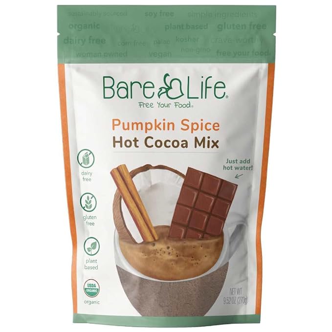 Bare Life Organic Pumpkin Spice Hot Cocoa Mix, Dairy Free Hot Cocoa Mix, Vegan Hot Chocolate Powder, Gluten Free, Kosher Pareve, Just Add Hot Water, 9.52 oz Pouch