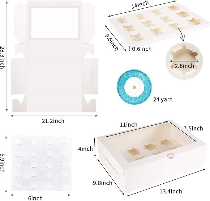 YunKo 15 Pack Cupcake Boxes, 12 Count Cupcake Containers with Window, White Bakery Boxes for Muffins, Desserts, Birthday Party, Wedding, 13.4 x 10 x 4 Inch