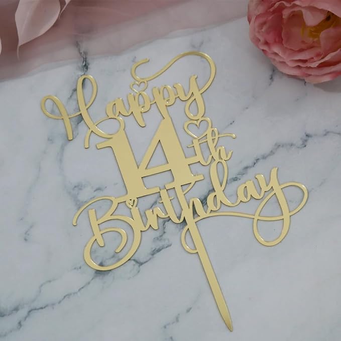 Happy 14th Birthday Cake Topper，Mirrored Gold Acrylic Birthday | for Cheers to 14 Years Birthday/Anniversary Party Decoration Ideas, Perfect Keepsake for your family and friends(14th)