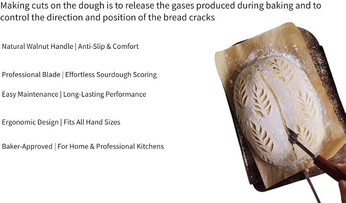 Rosewood Bread Lame for Sourdough Scoring, Ergonomic Curved Wood Handle Bread Slashing Tool with 304 Stainless Steel Stick, Includes Storage Box and 10 Replaceable Blades for Professional Bakers