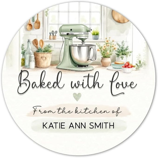 Baked with Love Stickers – Personalized Bakery Stickers for Homemade Baked Goods Packaging – 2" Round Custom Labels – From the Kitchen of [Your Name]