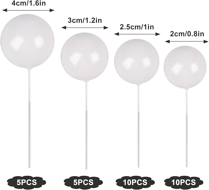 30 PCS Balls Cake Topper DIY Cake Insert Toppers Ball Cake Picks Cupcake Topper for Birthday Party Baby Shower Wedding Cake Decoration（White）