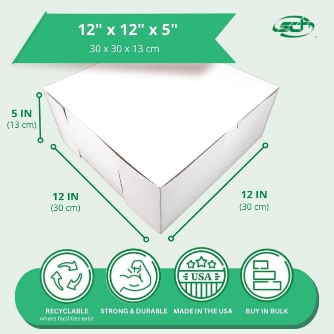 SCT White One-Piece Non-Window Bakery Boxes, 12 x 12 x 5, White, Paper, 100/Carton | White, Paper, Southern Champion 0987, Made in USA