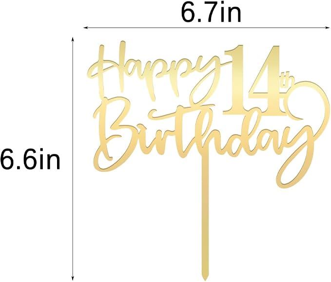 Happy 14 th birthday cake Topper,Mirrored Gold Acrylic Durable Cake Topper,14th Birthday Party Cake Decorations, Hello 14th years old, Happy fourteen years old, Birthday Party Decorations