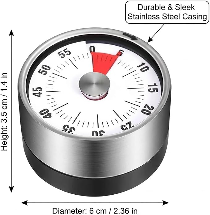Magnetic Kitchen Timer, 60-Minute Mechanical Visual Countdown Timer, Loud Alarm & No Batteries Needed, Stainless Steel Timer for Cooking, Kids, Classroom, and Study