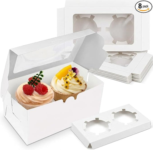 8 Pack White 2-Cavity Cupcake Boxes with Clear Window, 6.3 x 3.54 x 2.95 in Paper Treat Boxes with Inserts, 2-Cupcake Holders for Muffins, Cookies, Mini Cakes, Bakery Gifts and Parties