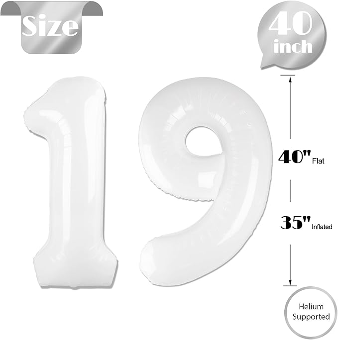 White Number 19 Balloon 40 inch, 19 Number Balloons, 19th White Birthday Decorations for Girls Boys 19 Year Old Party Supplies