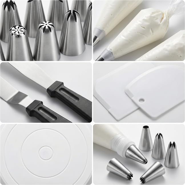 Cake Decorating Kit with Cake Turntable, 69-Piece Baking Supplies Set Including 12 Piping Tips, 50 Piping Bags, 3 Cake Scrapers, 2 Frosting Spatulas and Coupler, Easy Cake Decorating for Beginners