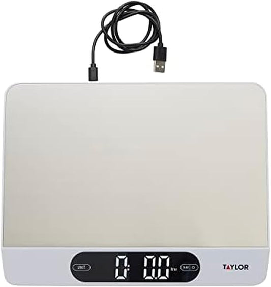 Taylor 22LB High Capacity Kitchen Food Scale with Stainless Steel Surface, Backlit Display, and USB Recharging Cord Included, White