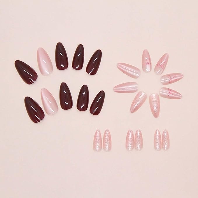 30Pcs Press on Nails Short Almond ZWENJIE Cat Eye Fake Nails Press ons Nail Tips Stick on Nails Glitter Tip Acrylic Nails Kit French False Nails with Red Blush Design Nail Art for Women Manicure