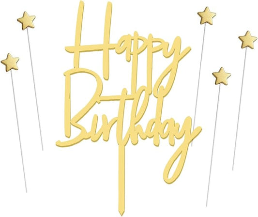 ZHENGYE Set of 1 Acrylic Happy Birthday Cake Topper Sign And 5 Gold Stars Cake Toppers For Birthday Cake Decorations(Gold 32)