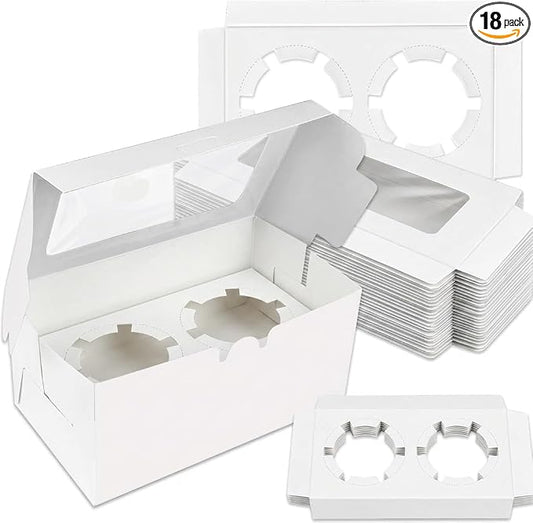 18 Pack White 2-Cavity Cupcake Boxes with Clear Window, 6.3 x 3.54 x 2.95 in Paper Treat Boxes with Inserts, 2-Cupcake Holders for Muffins, Cookies, Mini Cakes, Bakery Gifts and Parties