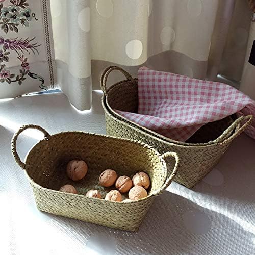 Handmade Woven Basket Straw Food Organizer Rattan Breadfruit Case Holder(S,24X15X9cm)