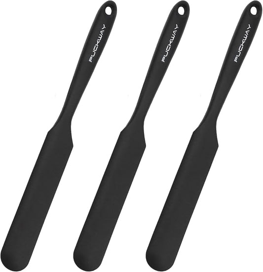 3pcs Silicone Jar Spatulas 10in Long Skinny Heat-Resistant, Narrow Spatula Set for Scraping Peanut Butter, Sourdough, Jam in Small Containers, Blenders & Baking (Black)