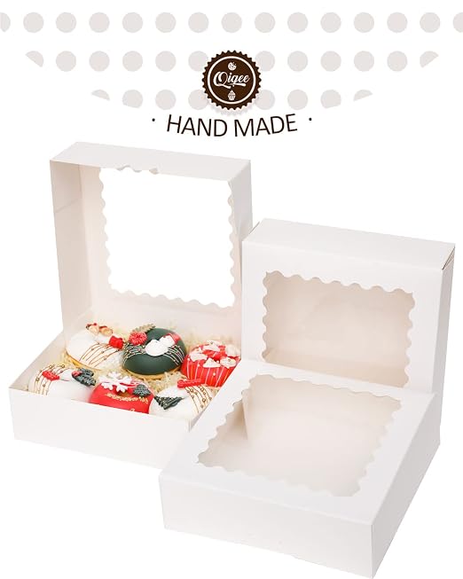 qiqee Auto-pop up 50 Packs Bakery Box With Window 8x8x2.5 inch White Pie Boxes Pastry Box