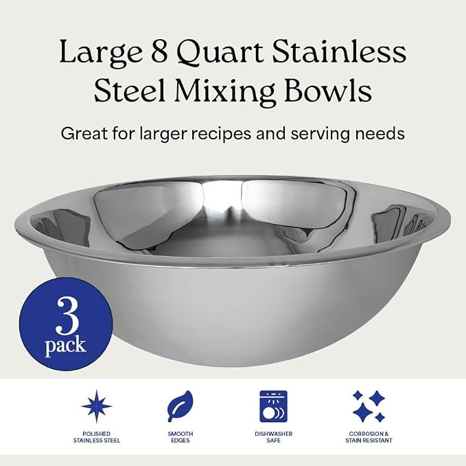 WHYSKO® Large Mixing Bowls, Set of 3 Stainless Steel 8 Quart Bowls for Restaurants, Food Service, Caterers and Home Kitchen Use, Rust Proof Bowls Great for Meal Prep, Baking, Serving, Food Storage