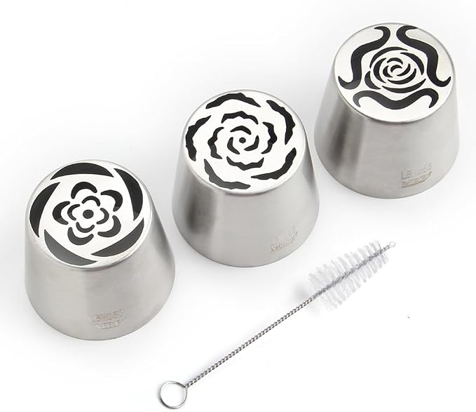 3 Pieces Stainless Steel Extra Large Russian Tulip Icing Tips Kit, Cupcake Dessert Marshmallow Piping Nozzle,1 Cleaning Brush for Cake Decorations,Pastry Baking Tools