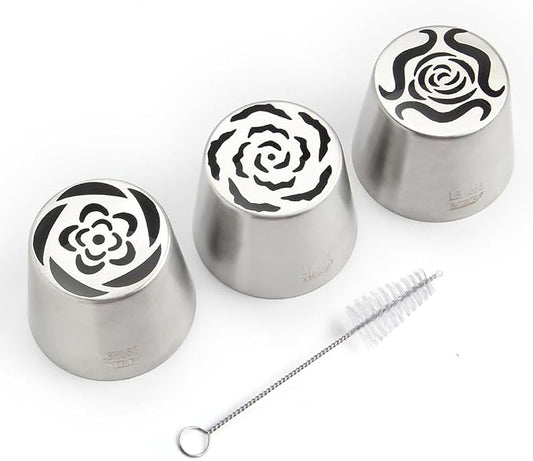 3 Pieces Stainless Steel Extra Large Russian Tulip Icing Tips Kit, Cupcake Dessert Marshmallow Piping Nozzle,1 Cleaning Brush for Cake Decorations,Pastry Baking Tools