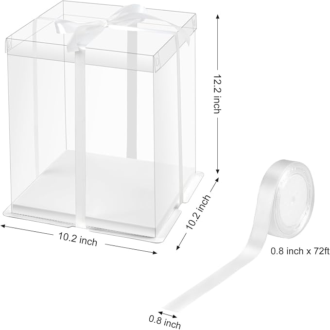 Ocmoiy 10x10x12Inch Clear Cake Box, 5 Pcs Tall Cake Boxes with Ribbon, Treat Transport Boxes for Wedding, Birthday, Party