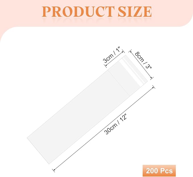 uxcell 200Pcs Self-Sealing Cello Bags, 3x12 Inch Long Clear Flap Resealable Poly Bags, OPP Adhesive Treat Bag 2 Mil for Bread Pretzel, Gift Packaging, Tableware, Necklaces Crafts