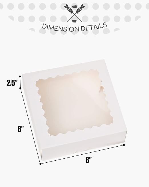 qiqee Auto-pop up 50 Packs Bakery Box With Window 8x8x2.5 inch White Pie Boxes Pastry Box