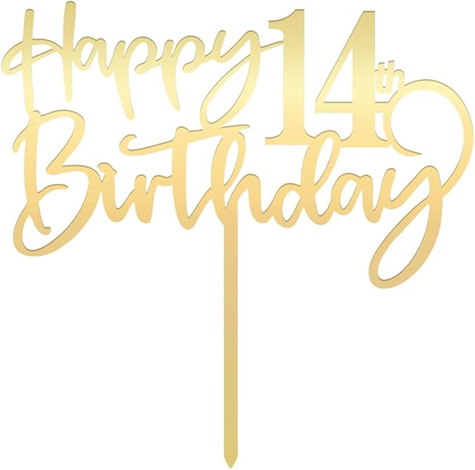 Happy 14 th birthday cake Topper,Mirrored Gold Acrylic Durable Cake Topper,14th Birthday Party Cake Decorations, Hello 14th years old, Happy fourteen years old, Birthday Party Decorations