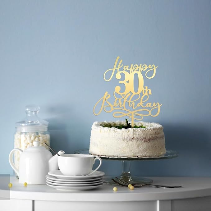 Happy 30th Birthday Cake Topper,Mirrored Gold Acrylic Durable Cake Topper，Hello 30, Cheers to 30 Years/30th Anniversary,30th Birthday Party Cake Decorations，Birthday Party Decorations