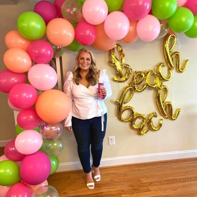 Tropical Balloon Arch Garland Kit, Hawaiian Luau Party Decorations with Hot Pink and Green Balloons, Palm Leaves Balloons Gold Confetti Balloons for Aloha Flamingo Beach Summer Theme Party Decofations