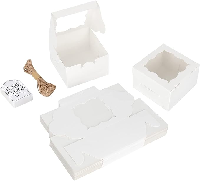 KPOSIYA 20 Pcs White Bakery Boxes with Window Individual Cupcake Boxes 4x4x2.5 Inches Cookie Boxes Kraft Paper Brown Gift Box for Pastries, Cookies, Pie, Donuts, Macaroon(White,20)