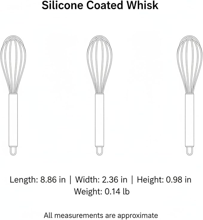 Silicone Coated Whisk for Nonstick Cookware, Stainless Steel Mixing Tool for Sauces Eggs and Batters, 8.9 Inch Kitchen Utensil (1 PC)
