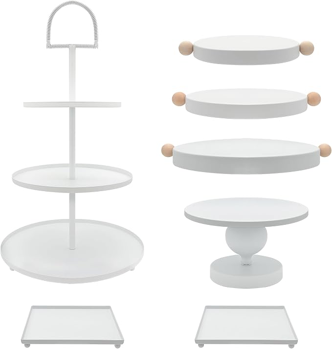 Set of 7 White Cake Stands Metal Dessert Display Holder Round 3 Tier Cupcake Stand Serving Tray Platter Cake Pedestal Stand for Party Weddings Birthday Baby Showers Anniversary