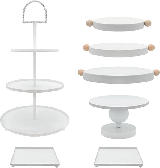 Set of 7 White Cake Stands Metal Dessert Display Holder Round 3 Tier Cupcake Stand Serving Tray Platter Cake Pedestal Stand for Party Weddings Birthday Baby Showers Anniversary